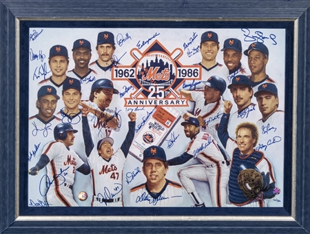 1986 New York Mets Team-Signed 25th Anniversary 32x25 Framed Canvas by Doo S. Oh With 28 Signatures Including Carter, Strawberry & Hernandez (MLB Authenticated & PSA/DNA)